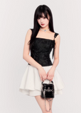suspender mini dress women, corset waist dress, pleated puff skirt dress, edgy princess style dress, black white mini dress, vock dress style, waist slimming party dress, alternative fashion mini dress, structured suspender dress, dark romantic fashion, statement birthday dress women, controlled silhouette clothing, modern gothic mini dress, edgy valentine dress women, fashion puff skirt dress