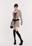 two piece blazer dress women, lace panel mini dress, cropped blazer set women, edgy tailored outfit, vock two piece set, waist defining mini dress, dark minimalist fashion women, structured blazer mini dress, alternative fashion set women, modern street tailoring, controlled silhouette clothing, edgy spring outfit women, contrast texture dress set, statement women suit set, urban luxury womenswear