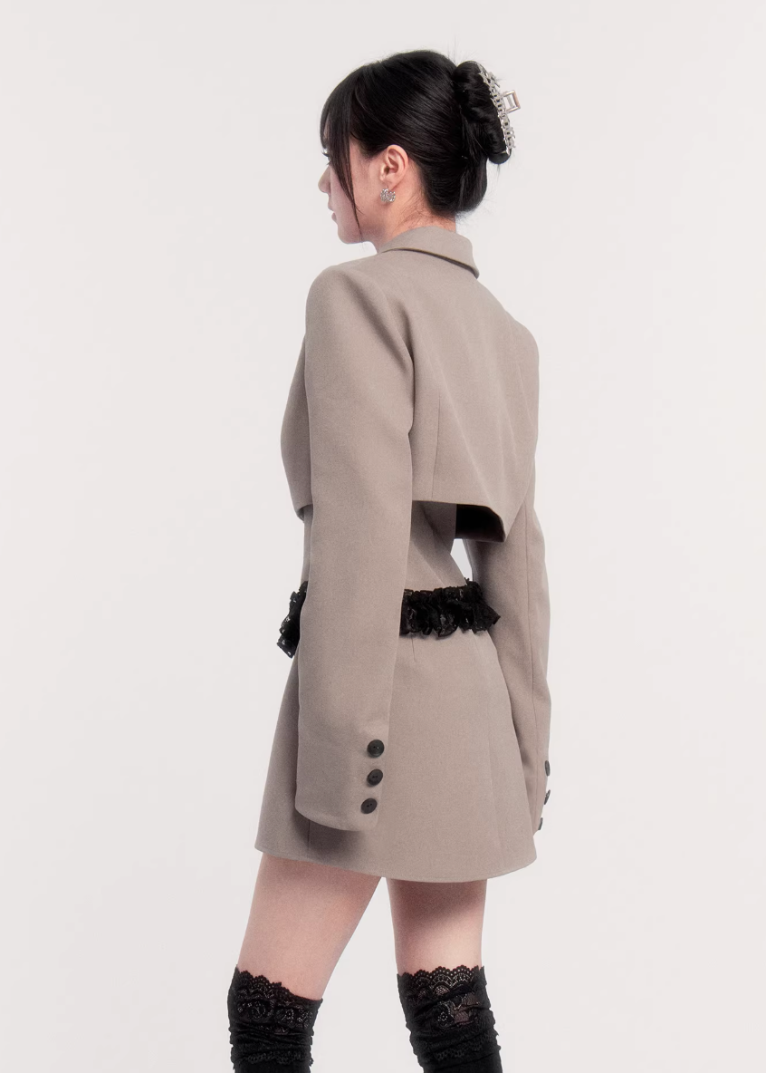 two piece blazer dress women, lace panel mini dress, cropped blazer set women, edgy tailored outfit, vock two piece set, waist defining mini dress, dark minimalist fashion women, structured blazer mini dress, alternative fashion set women, modern street tailoring, controlled silhouette clothing, edgy spring outfit women, contrast texture dress set, statement women suit set, urban luxury womenswear