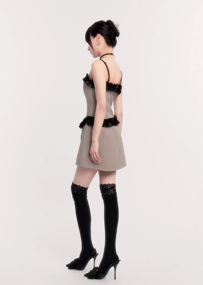 two piece blazer dress women, lace panel mini dress, cropped blazer set women, edgy tailored outfit, vock two piece set, waist defining mini dress, dark minimalist fashion women, structured blazer mini dress, alternative fashion set women, modern street tailoring, controlled silhouette clothing, edgy spring outfit women, contrast texture dress set, statement women suit set, urban luxury womenswear