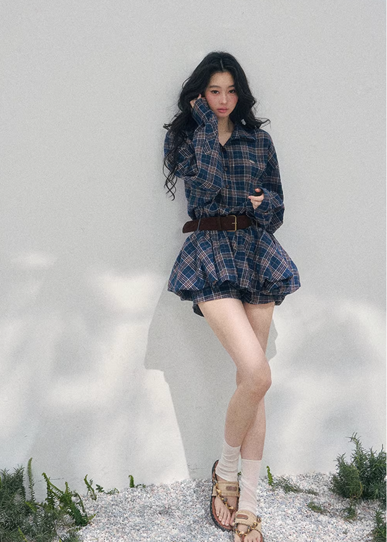 plaid shirt dress women, polo collar mini dress, spring plaid dress women, korean french style dress, refined casual mini dress, american preppy dress women, lightweight spring dress, elegant daily wear dress, premium women clothing, aomalm dress style, timeless plaid mini, feminine shirt dress women, modern casual dress, relaxed fit spring dress, classic check dress women