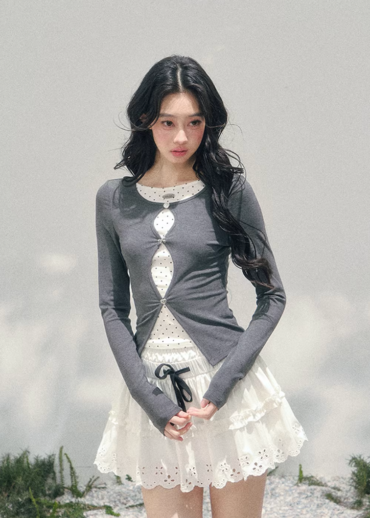 polka dot long sleeve top women, fake two layer top, spring slim fit t shirt women, korean french style top, refined casual knit top, waist shaping spring top, elegant daily wear women, premium women basics, aomalm top style, feminine spring knitwear, modern women long sleeve tee, delicate detail top women, lightweight spring shirt women, understated luxury top, versatile women fashion top