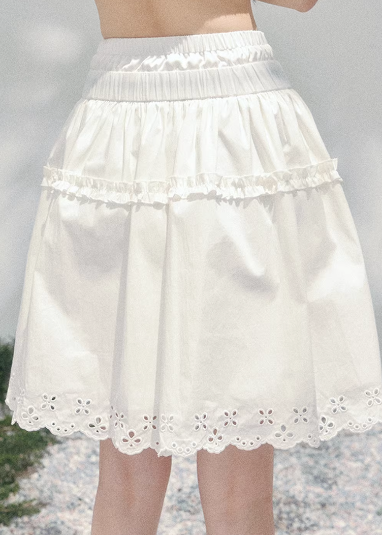 white spring skirt women, french lace skirt, cotton mini skirt women, aomalm skirt style, elegant spring outfit women, feminine white skirt, lightweight lace skirt, refined casual skirt women, korean french style clothing, elastic waist skirt women, spring fashion women skirt, delicate lace detail skirt, modern women skirt, soft a line skirt, everyday elegant skirt