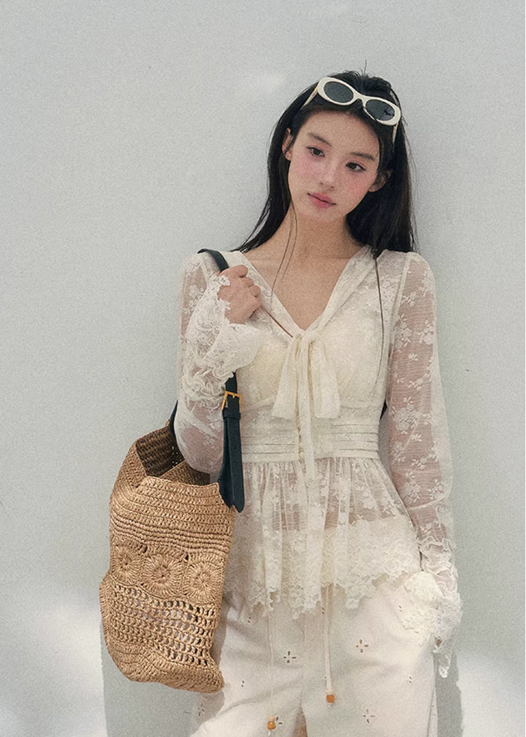 lace v neck top women, sheer lace blouse spring, waist slimming lace top, french style spring top, aomalm lace top, feminine sheer t shirt, elegant spring layering top, lightweight lace blouse women, refined casual women top, korean french style clothing, delicate lace detail top, modern women blouse, soft transparent top women, romantic spring fashion, understated luxury lace top