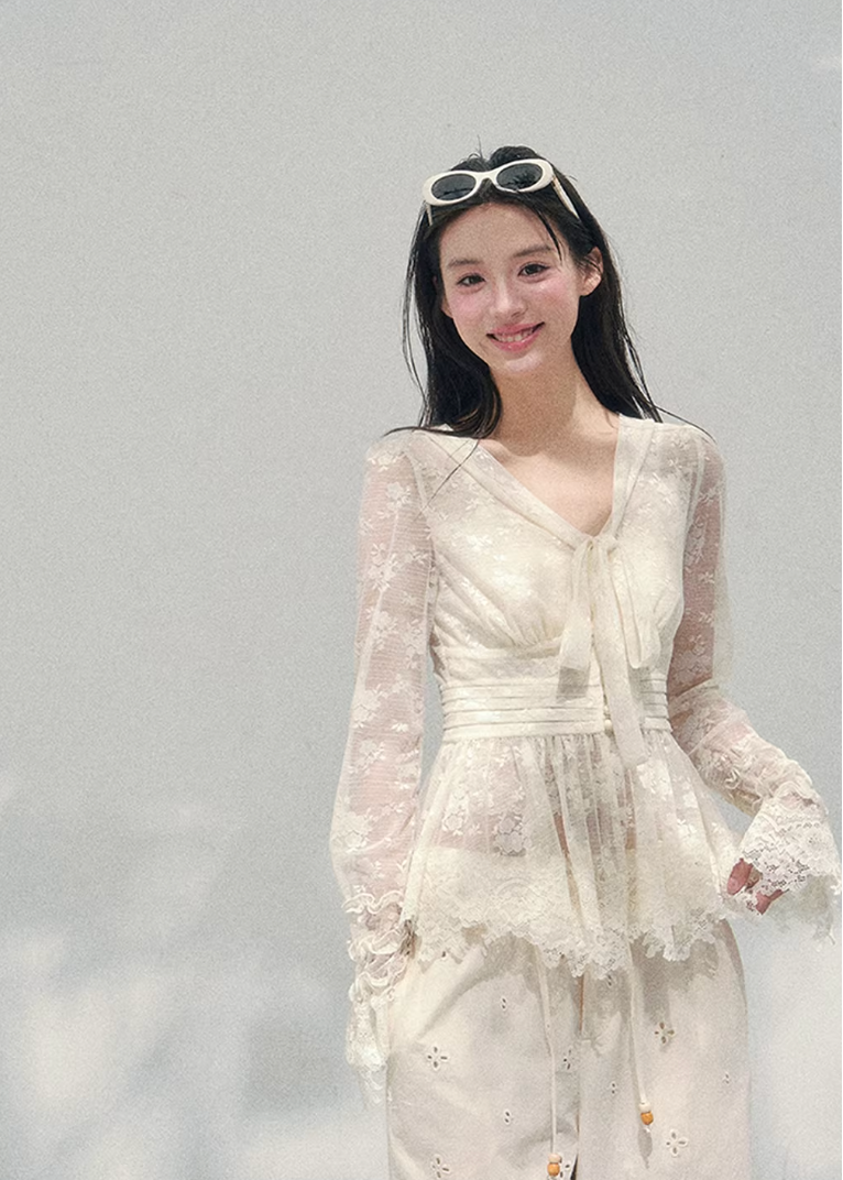 lace v neck top women, sheer lace blouse spring, waist slimming lace top, french style spring top, aomalm lace top, feminine sheer t shirt, elegant spring layering top, lightweight lace blouse women, refined casual women top, korean french style clothing, delicate lace detail top, modern women blouse, soft transparent top women, romantic spring fashion, understated luxury lace top