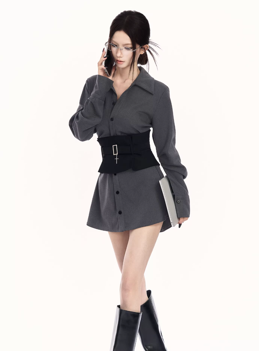layered shirt set women, structured tunic shirt, edgy commuter outfit, two piece shirt women, waist shaping shirt set, dark minimalist fashion, vock shirt style, urban women outfit, tailored long sleeve shirt, modern street tailoring, alternative office wear women, black gray shirt set, controlled silhouette fashion, premium niche womenswear, minimalist edgy clothing