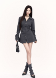 layered shirt set women, structured tunic shirt, edgy commuter outfit, two piece shirt women, waist shaping shirt set, dark minimalist fashion, vock shirt style, urban women outfit, tailored long sleeve shirt, modern street tailoring, alternative office wear women, black gray shirt set, controlled silhouette fashion, premium niche womenswear, minimalist edgy clothing