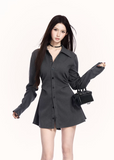 layered shirt set women, structured tunic shirt, edgy commuter outfit, two piece shirt women, waist shaping shirt set, dark minimalist fashion, vock shirt style, urban women outfit, tailored long sleeve shirt, modern street tailoring, alternative office wear women, black gray shirt set, controlled silhouette fashion, premium niche womenswear, minimalist edgy clothing