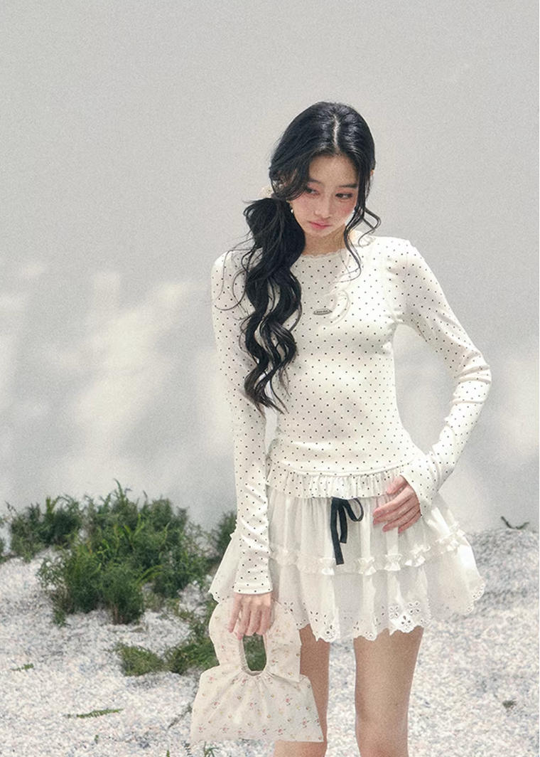 polka dot lace top women, fake two piece t shirt, spring slim fit top women, aomalm top style, feminine long sleeve tee, french student style top, refined casual spring top, lightweight lace t shirt women, waist shaping spring top, elegant daily wear women, korean french style clothing, delicate lace detail top, modern women long sleeve top, soft cream spring tee, understated luxury top