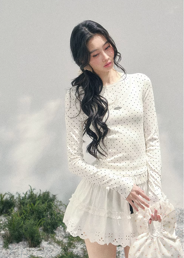 polka dot lace top women, fake two piece t shirt, spring slim fit top women, aomalm top style, feminine long sleeve tee, french student style top, refined casual spring top, lightweight lace t shirt women, waist shaping spring top, elegant daily wear women, korean french style clothing, delicate lace detail top, modern women long sleeve top, soft cream spring tee, understated luxury top