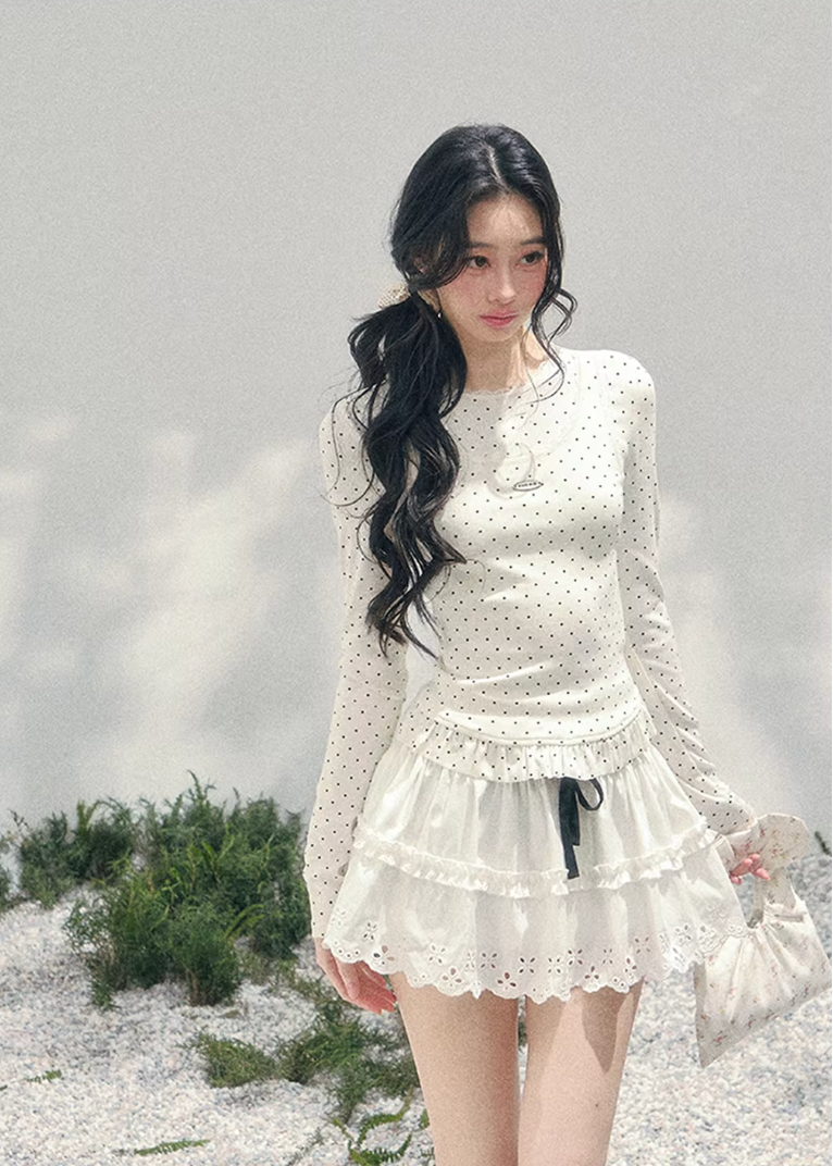 polka dot lace top women, fake two piece t shirt, spring slim fit top women, aomalm top style, feminine long sleeve tee, french student style top, refined casual spring top, lightweight lace t shirt women, waist shaping spring top, elegant daily wear women, korean french style clothing, delicate lace detail top, modern women long sleeve top, soft cream spring tee, understated luxury top