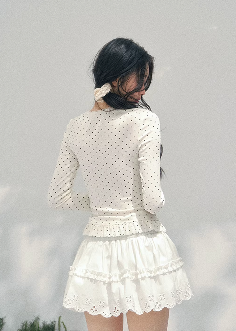 polka dot lace top women, fake two piece t shirt, spring slim fit top women, aomalm top style, feminine long sleeve tee, french student style top, refined casual spring top, lightweight lace t shirt women, waist shaping spring top, elegant daily wear women, korean french style clothing, delicate lace detail top, modern women long sleeve top, soft cream spring tee, understated luxury top