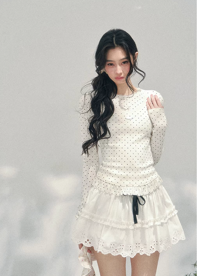 polka dot lace top women, fake two piece t shirt, spring slim fit top women, aomalm top style, feminine long sleeve tee, french student style top, refined casual spring top, lightweight lace t shirt women, waist shaping spring top, elegant daily wear women, korean french style clothing, delicate lace detail top, modern women long sleeve top, soft cream spring tee, understated luxury top