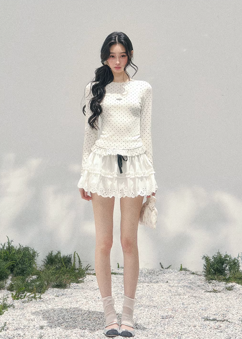polka dot lace top women, fake two piece t shirt, spring slim fit top women, aomalm top style, feminine long sleeve tee, french student style top, refined casual spring top, lightweight lace t shirt women, waist shaping spring top, elegant daily wear women, korean french style clothing, delicate lace detail top, modern women long sleeve top, soft cream spring tee, understated luxury top