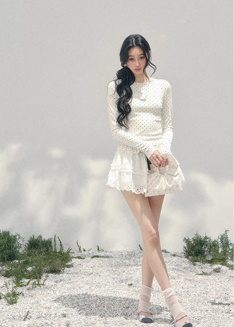 polka dot lace top women, fake two piece t shirt, spring slim fit top women, aomalm top style, feminine long sleeve tee, french student style top, refined casual spring top, lightweight lace t shirt women, waist shaping spring top, elegant daily wear women, korean french style clothing, delicate lace detail top, modern women long sleeve top, soft cream spring tee, understated luxury top