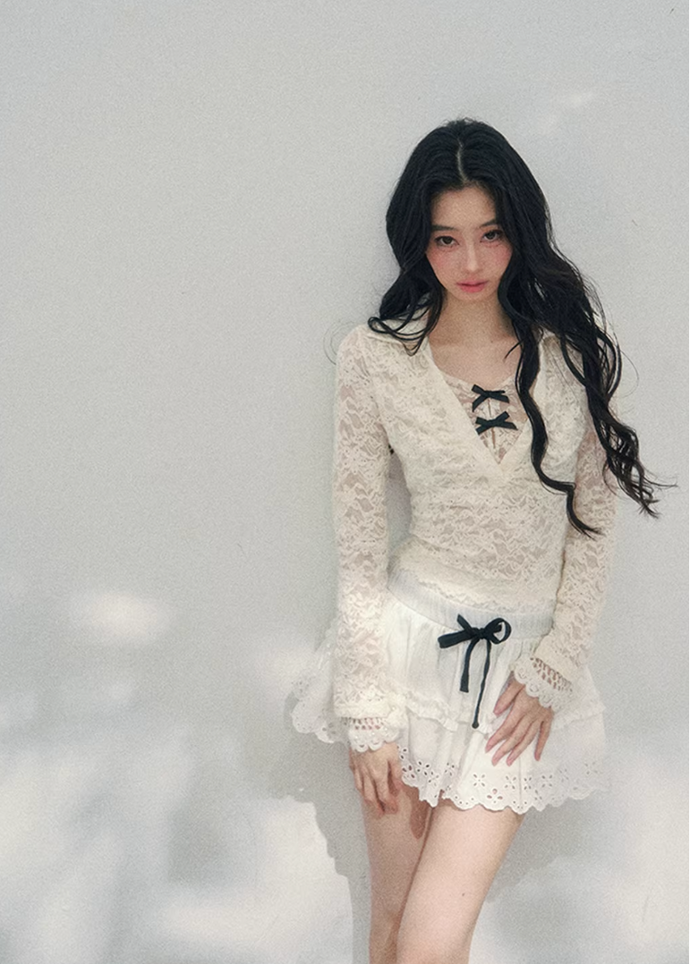 sheer lace top women, fake two piece lace t shirt, spring lace long sleeve top, aomalm lace style, feminine slim fit top women, pure desire lace top, refined spring blouse women, lightweight transparent top, elegant daily wear women, korean french style clothing, delicate hollow lace top, modern women spring top, waist shaping lace tee, romantic spring fashion, understated luxury lace top