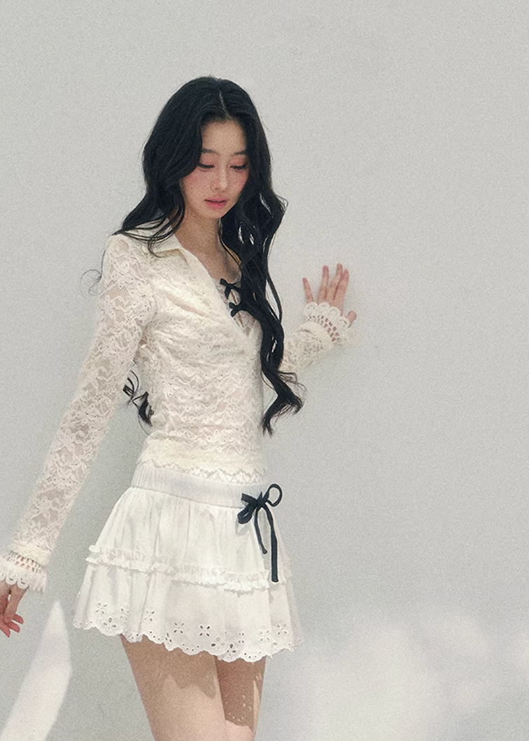 sheer lace top women, fake two piece lace t shirt, spring lace long sleeve top, aomalm lace style, feminine slim fit top women, pure desire lace top, refined spring blouse women, lightweight transparent top, elegant daily wear women, korean french style clothing, delicate hollow lace top, modern women spring top, waist shaping lace tee, romantic spring fashion, understated luxury lace top