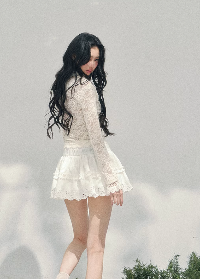 sheer lace top women, fake two piece lace t shirt, spring lace long sleeve top, aomalm lace style, feminine slim fit top women, pure desire lace top, refined spring blouse women, lightweight transparent top, elegant daily wear women, korean french style clothing, delicate hollow lace top, modern women spring top, waist shaping lace tee, romantic spring fashion, understated luxury lace top