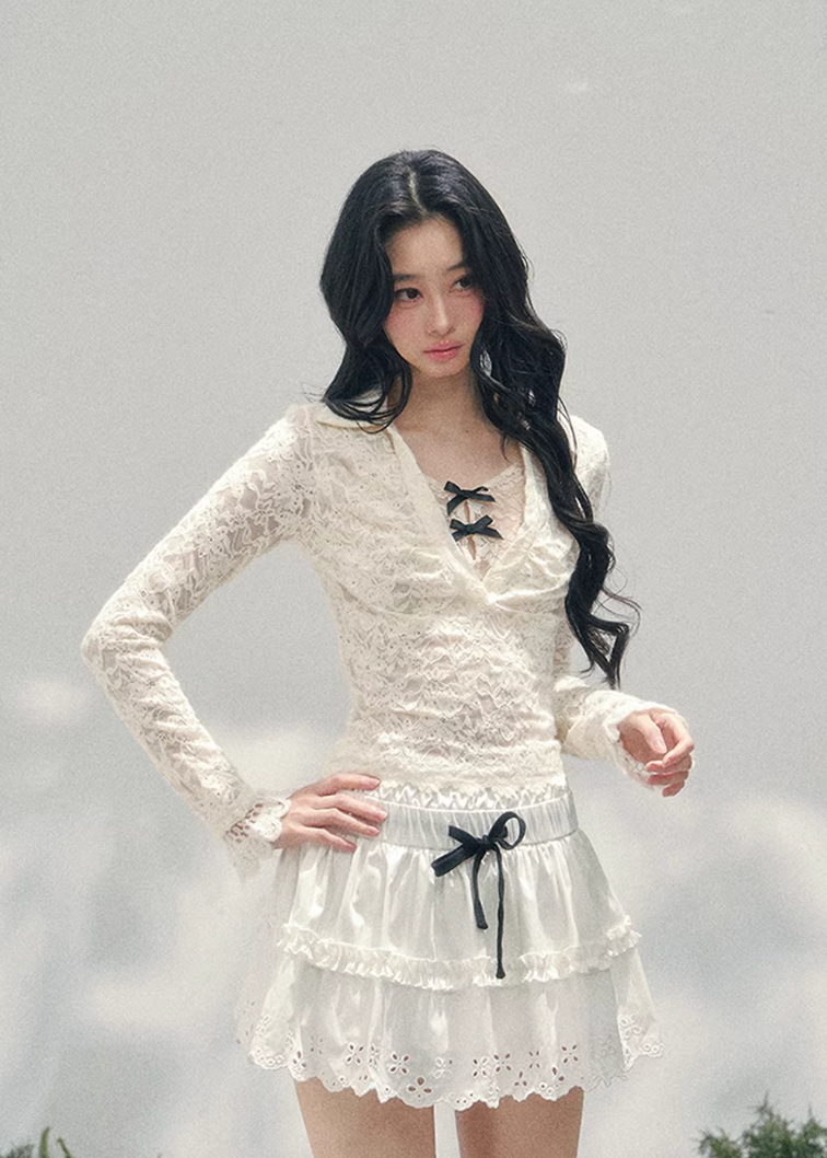 sheer lace top women, fake two piece lace t shirt, spring lace long sleeve top, aomalm lace style, feminine slim fit top women, pure desire lace top, refined spring blouse women, lightweight transparent top, elegant daily wear women, korean french style clothing, delicate hollow lace top, modern women spring top, waist shaping lace tee, romantic spring fashion, understated luxury lace top