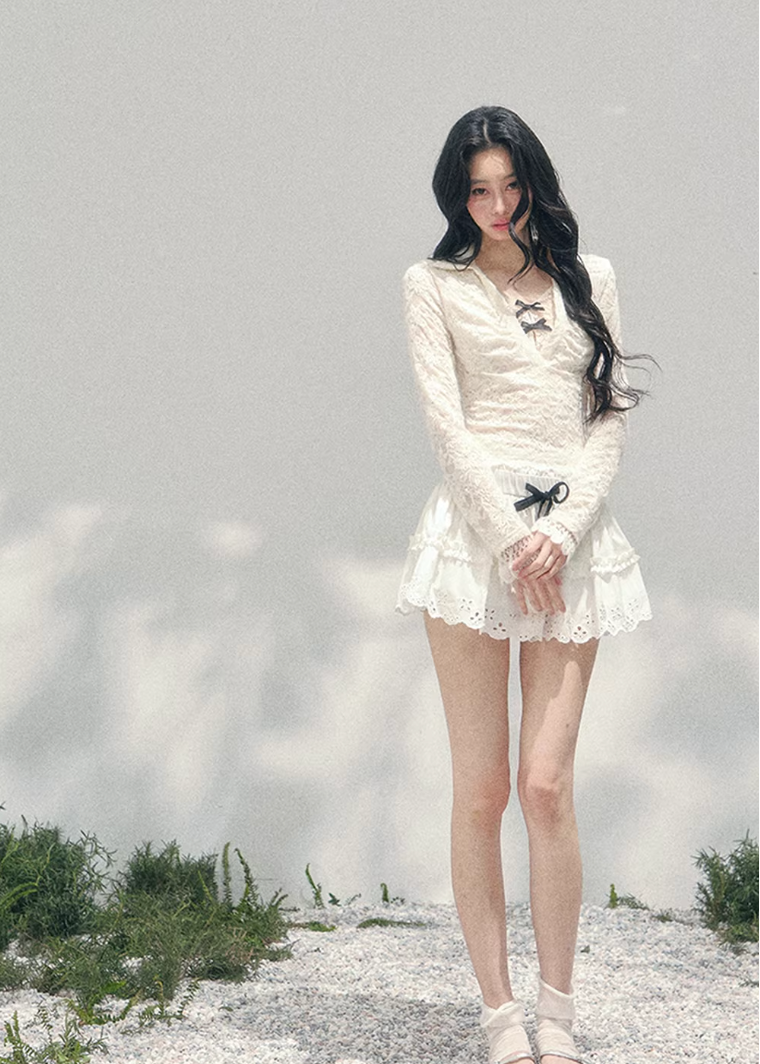 sheer lace top women, fake two piece lace t shirt, spring lace long sleeve top, aomalm lace style, feminine slim fit top women, pure desire lace top, refined spring blouse women, lightweight transparent top, elegant daily wear women, korean french style clothing, delicate hollow lace top, modern women spring top, waist shaping lace tee, romantic spring fashion, understated luxury lace top