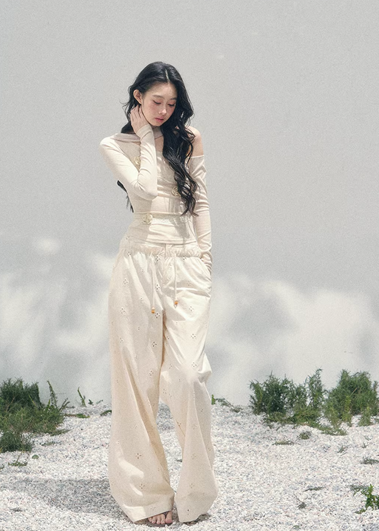 AOMALM lace top, off shoulder floral top, French romantic blouse, Korean feminine fashion, spring cropped lace top, asymmetric shoulder knit, rose appliqué top, quiet luxury womenswear, elegant fitted spring top, sheer texture fashion, waist defining blouse, Parisian inspired fashion top, soft romantic silhouette, three dimensional flower lace shirt, luxury Korean designer style, refined spring layering piece, feminine minimalist top, delicate floral blouse women, romantic cropped knit top, French Korean ae