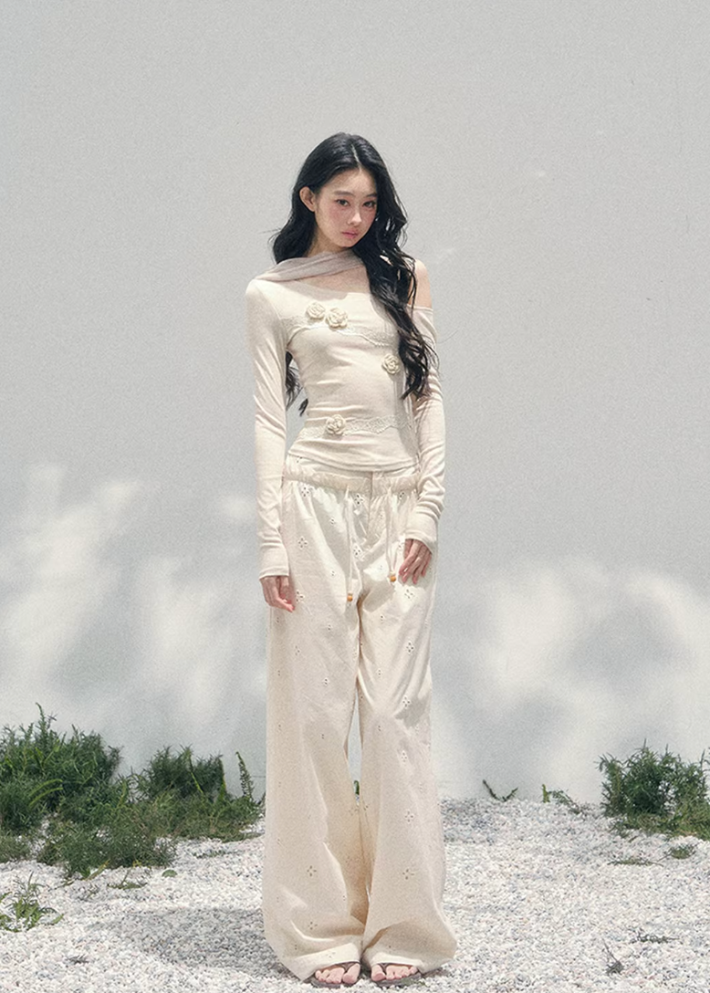 AOMALM lace top, off shoulder floral top, French romantic blouse, Korean feminine fashion, spring cropped lace top, asymmetric shoulder knit, rose appliqué top, quiet luxury womenswear, elegant fitted spring top, sheer texture fashion, waist defining blouse, Parisian inspired fashion top, soft romantic silhouette, three dimensional flower lace shirt, luxury Korean designer style, refined spring layering piece, feminine minimalist top, delicate floral blouse women, romantic cropped knit top, French Korean ae