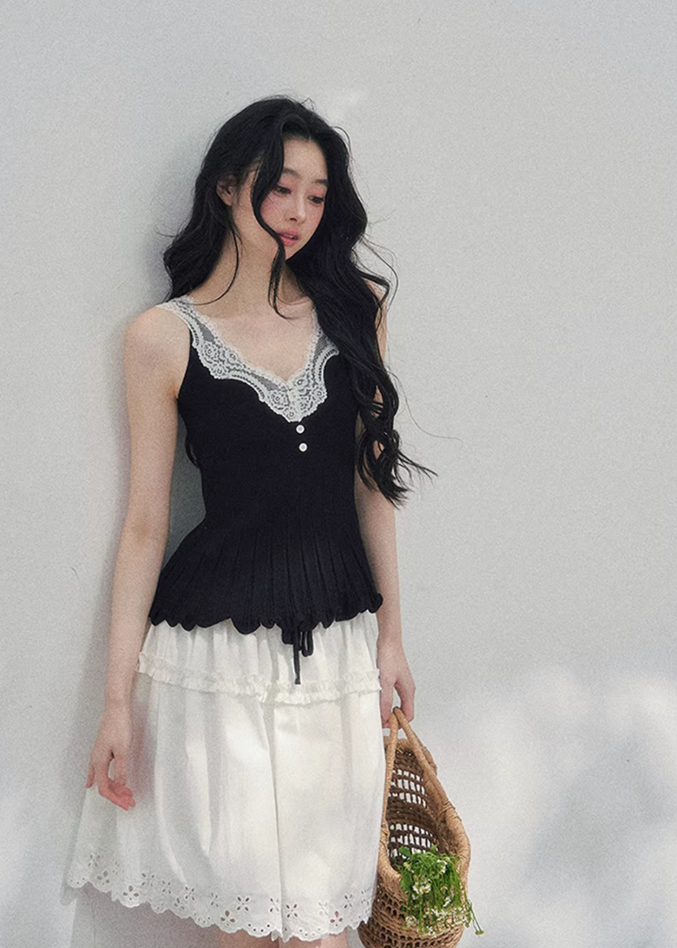 AOMALM lace twinset, French romantic knit set, lace inner top cardigan, feminine V-neck knitwear, Korean elegant spring outfit, layered lace blouse set, quiet luxury womens knit, Parisian style cardigan set, delicate lace camisole top, romantic spring knitwear women, soft feminine twinset outfit, refined Korean fashion top set, elegant two piece knit ensemble, lace trim V-neck blouse, feminine layered fashion look, spring luxury knit cardigan, French Korean aesthetic clothing, romantic lightweight knit set,