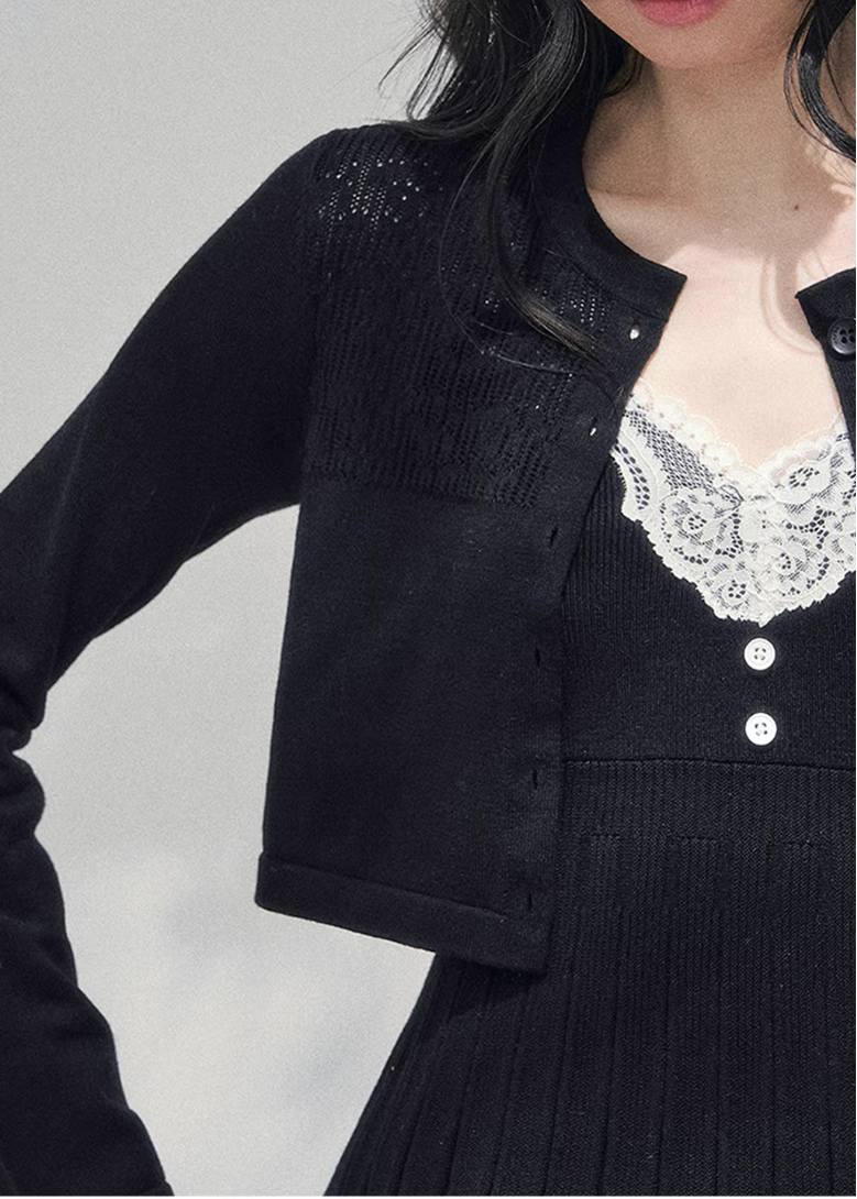 AOMALM lace twinset, French romantic knit set, lace inner top cardigan, feminine V-neck knitwear, Korean elegant spring outfit, layered lace blouse set, quiet luxury womens knit, Parisian style cardigan set, delicate lace camisole top, romantic spring knitwear women, soft feminine twinset outfit, refined Korean fashion top set, elegant two piece knit ensemble, lace trim V-neck blouse, feminine layered fashion look, spring luxury knit cardigan, French Korean aesthetic clothing, romantic lightweight knit set,