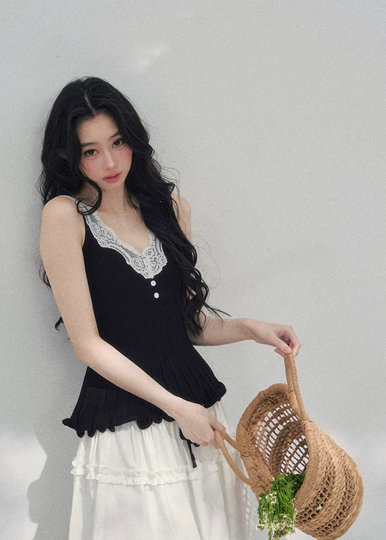 AOMALM lace twinset, French romantic knit set, lace inner top cardigan, feminine V-neck knitwear, Korean elegant spring outfit, layered lace blouse set, quiet luxury womens knit, Parisian style cardigan set, delicate lace camisole top, romantic spring knitwear women, soft feminine twinset outfit, refined Korean fashion top set, elegant two piece knit ensemble, lace trim V-neck blouse, feminine layered fashion look, spring luxury knit cardigan, French Korean aesthetic clothing, romantic lightweight knit set,