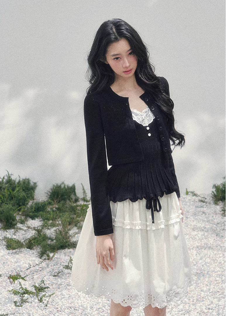 AOMALM lace twinset, French romantic knit set, lace inner top cardigan, feminine V-neck knitwear, Korean elegant spring outfit, layered lace blouse set, quiet luxury womens knit, Parisian style cardigan set, delicate lace camisole top, romantic spring knitwear women, soft feminine twinset outfit, refined Korean fashion top set, elegant two piece knit ensemble, lace trim V-neck blouse, feminine layered fashion look, spring luxury knit cardigan, French Korean aesthetic clothing, romantic lightweight knit set,