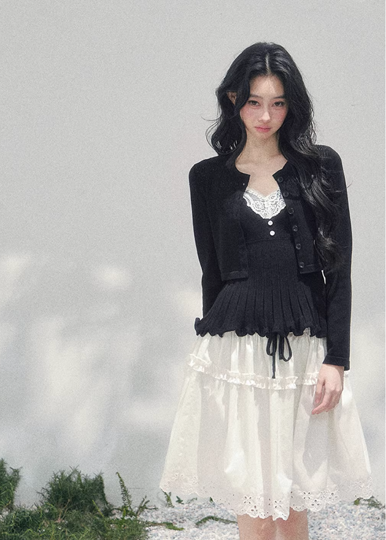 AOMALM lace twinset, French romantic knit set, lace inner top cardigan, feminine V-neck knitwear, Korean elegant spring outfit, layered lace blouse set, quiet luxury womens knit, Parisian style cardigan set, delicate lace camisole top, romantic spring knitwear women, soft feminine twinset outfit, refined Korean fashion top set, elegant two piece knit ensemble, lace trim V-neck blouse, feminine layered fashion look, spring luxury knit cardigan, French Korean aesthetic clothing, romantic lightweight knit set,