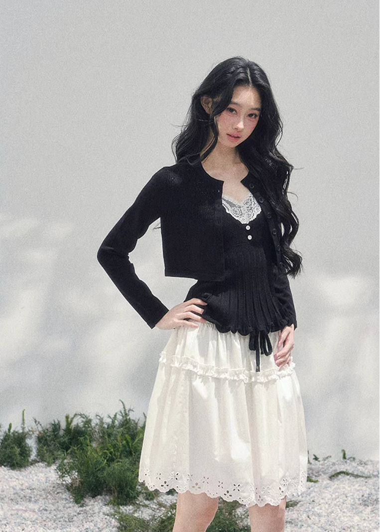 AOMALM lace twinset, French romantic knit set, lace inner top cardigan, feminine V-neck knitwear, Korean elegant spring outfit, layered lace blouse set, quiet luxury womens knit, Parisian style cardigan set, delicate lace camisole top, romantic spring knitwear women, soft feminine twinset outfit, refined Korean fashion top set, elegant two piece knit ensemble, lace trim V-neck blouse, feminine layered fashion look, spring luxury knit cardigan, French Korean aesthetic clothing, romantic lightweight knit set,