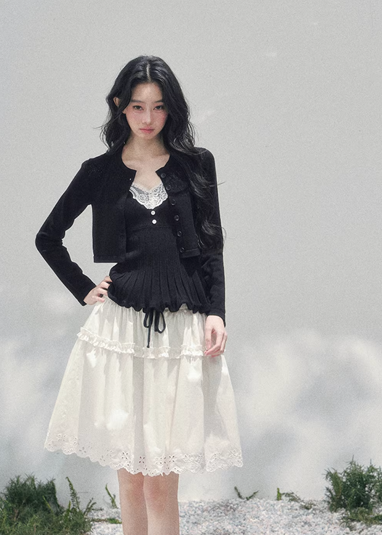 AOMALM lace twinset, French romantic knit set, lace inner top cardigan, feminine V-neck knitwear, Korean elegant spring outfit, layered lace blouse set, quiet luxury womens knit, Parisian style cardigan set, delicate lace camisole top, romantic spring knitwear women, soft feminine twinset outfit, refined Korean fashion top set, elegant two piece knit ensemble, lace trim V-neck blouse, feminine layered fashion look, spring luxury knit cardigan, French Korean aesthetic clothing, romantic lightweight knit set,