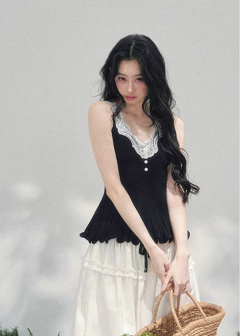 AOMALM lace twinset, French romantic knit set, lace inner top cardigan, feminine V-neck knitwear, Korean elegant spring outfit, layered lace blouse set, quiet luxury womens knit, Parisian style cardigan set, delicate lace camisole top, romantic spring knitwear women, soft feminine twinset outfit, refined Korean fashion top set, elegant two piece knit ensemble, lace trim V-neck blouse, feminine layered fashion look, spring luxury knit cardigan, French Korean aesthetic clothing, romantic lightweight knit set,