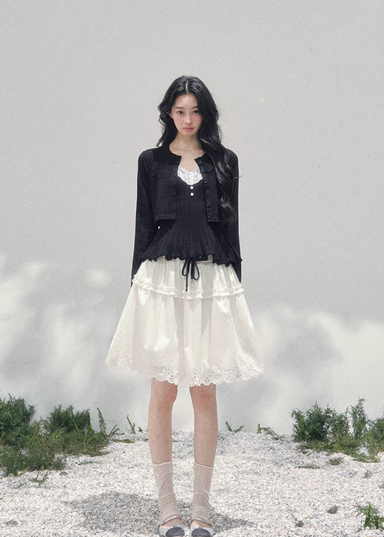 AOMALM lace twinset, French romantic knit set, lace inner top cardigan, feminine V-neck knitwear, Korean elegant spring outfit, layered lace blouse set, quiet luxury womens knit, Parisian style cardigan set, delicate lace camisole top, romantic spring knitwear women, soft feminine twinset outfit, refined Korean fashion top set, elegant two piece knit ensemble, lace trim V-neck blouse, feminine layered fashion look, spring luxury knit cardigan, French Korean aesthetic clothing, romantic lightweight knit set,
