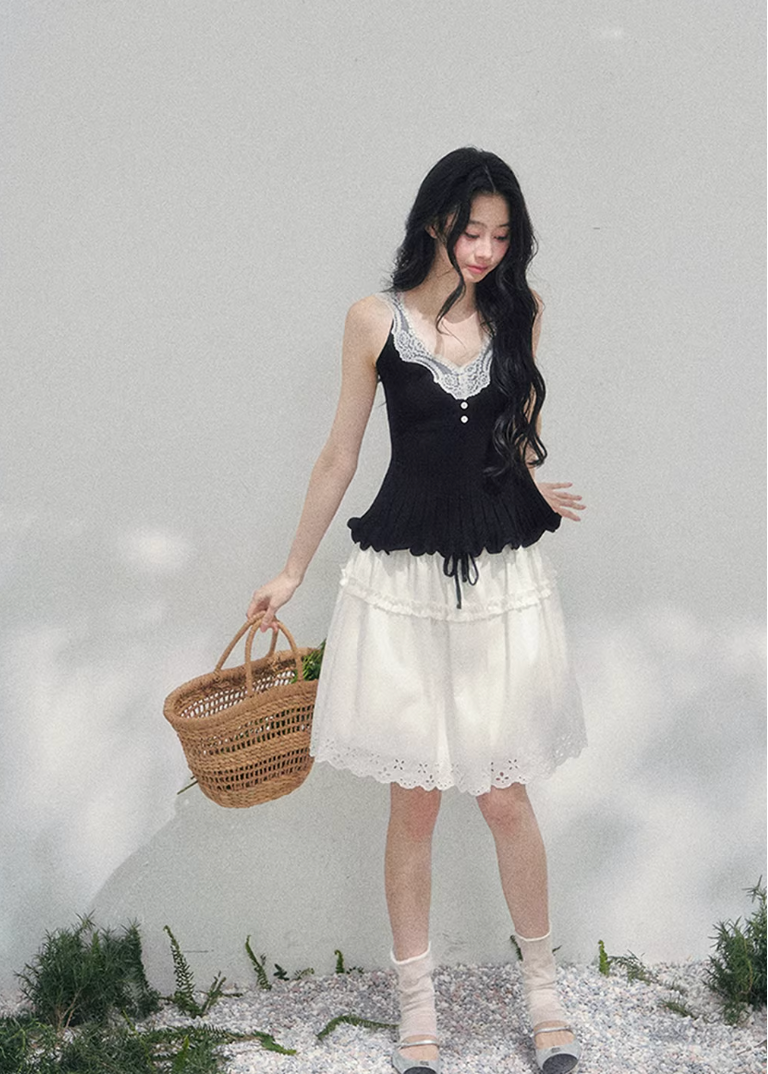 AOMALM lace twinset, French romantic knit set, lace inner top cardigan, feminine V-neck knitwear, Korean elegant spring outfit, layered lace blouse set, quiet luxury womens knit, Parisian style cardigan set, delicate lace camisole top, romantic spring knitwear women, soft feminine twinset outfit, refined Korean fashion top set, elegant two piece knit ensemble, lace trim V-neck blouse, feminine layered fashion look, spring luxury knit cardigan, French Korean aesthetic clothing, romantic lightweight knit set,