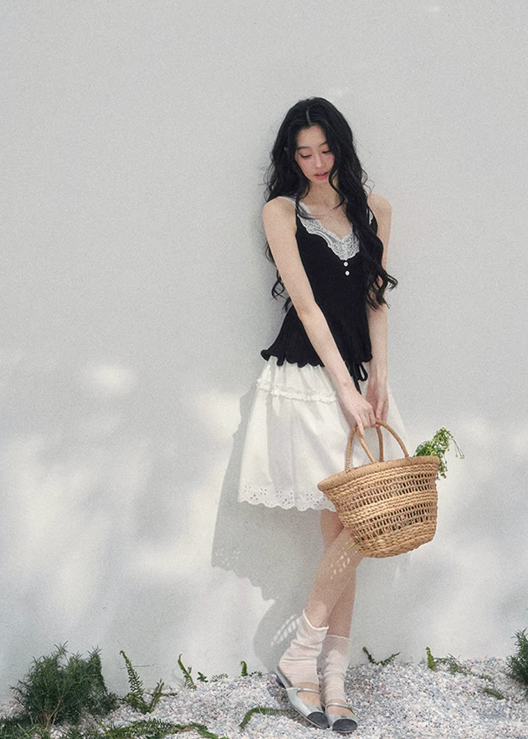 AOMALM lace twinset, French romantic knit set, lace inner top cardigan, feminine V-neck knitwear, Korean elegant spring outfit, layered lace blouse set, quiet luxury womens knit, Parisian style cardigan set, delicate lace camisole top, romantic spring knitwear women, soft feminine twinset outfit, refined Korean fashion top set, elegant two piece knit ensemble, lace trim V-neck blouse, feminine layered fashion look, spring luxury knit cardigan, French Korean aesthetic clothing, romantic lightweight knit set,