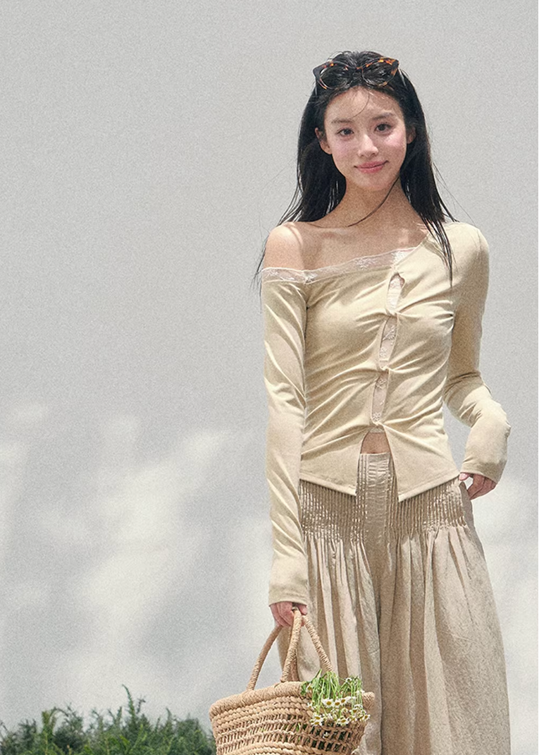 AOMALM off shoulder lace top, French romantic spring blouse, ruched knit womens top, feminine Korean fashion top, quiet luxury lace blouse, elegant off shoulder knitwear, romantic fitted spring top, Parisian inspired womenswear, lace layered shoulder top, soft feminine silhouette blouse, waist shaping knit top women, delicate French Korean aesthetic clothing, spring romantic outfit top, refined luxury womens knitwear, lace detail long sleeve blouse, feminine draped knit top, soft luxury spring fashion, poet