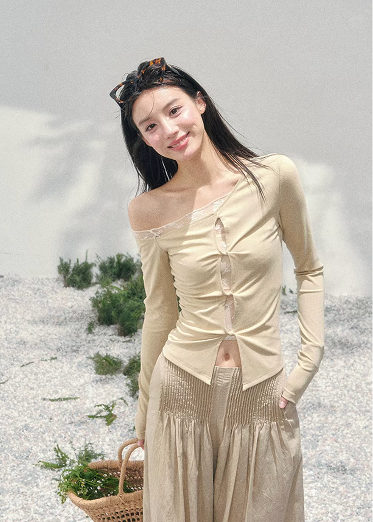AOMALM off shoulder lace top, French romantic spring blouse, ruched knit womens top, feminine Korean fashion top, quiet luxury lace blouse, elegant off shoulder knitwear, romantic fitted spring top, Parisian inspired womenswear, lace layered shoulder top, soft feminine silhouette blouse, waist shaping knit top women, delicate French Korean aesthetic clothing, spring romantic outfit top, refined luxury womens knitwear, lace detail long sleeve blouse, feminine draped knit top, soft luxury spring fashion, poet