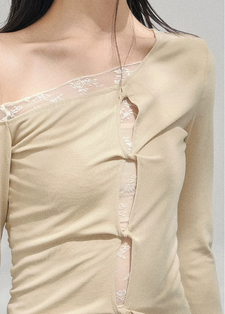 AOMALM off shoulder lace top, French romantic spring blouse, ruched knit womens top, feminine Korean fashion top, quiet luxury lace blouse, elegant off shoulder knitwear, romantic fitted spring top, Parisian inspired womenswear, lace layered shoulder top, soft feminine silhouette blouse, waist shaping knit top women, delicate French Korean aesthetic clothing, spring romantic outfit top, refined luxury womens knitwear, lace detail long sleeve blouse, feminine draped knit top, soft luxury spring fashion, poet