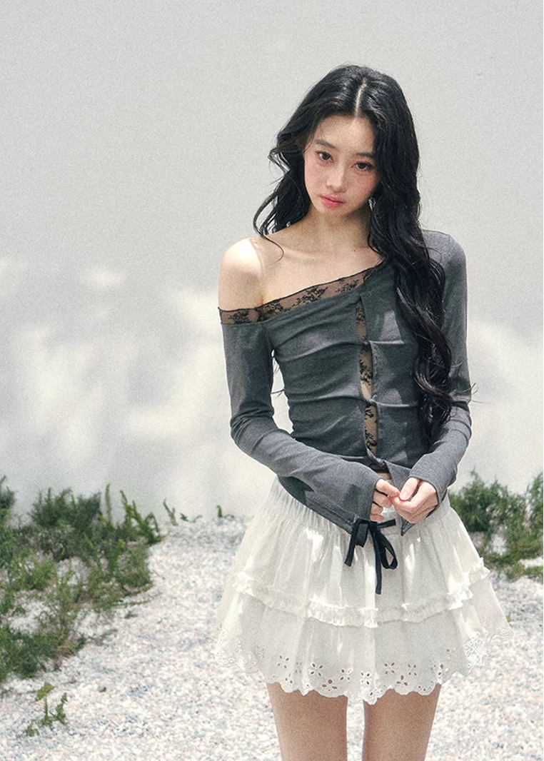AOMALM off shoulder lace top, French romantic spring blouse, ruched knit womens top, feminine Korean fashion top, quiet luxury lace blouse, elegant off shoulder knitwear, romantic fitted spring top, Parisian inspired womenswear, lace layered shoulder top, soft feminine silhouette blouse, waist shaping knit top women, delicate French Korean aesthetic clothing, spring romantic outfit top, refined luxury womens knitwear, lace detail long sleeve blouse, feminine draped knit top, soft luxury spring fashion, poet