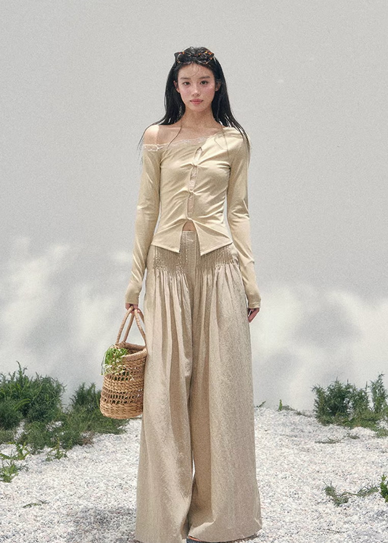 AOMALM off shoulder lace top, French romantic spring blouse, ruched knit womens top, feminine Korean fashion top, quiet luxury lace blouse, elegant off shoulder knitwear, romantic fitted spring top, Parisian inspired womenswear, lace layered shoulder top, soft feminine silhouette blouse, waist shaping knit top women, delicate French Korean aesthetic clothing, spring romantic outfit top, refined luxury womens knitwear, lace detail long sleeve blouse, feminine draped knit top, soft luxury spring fashion, poet