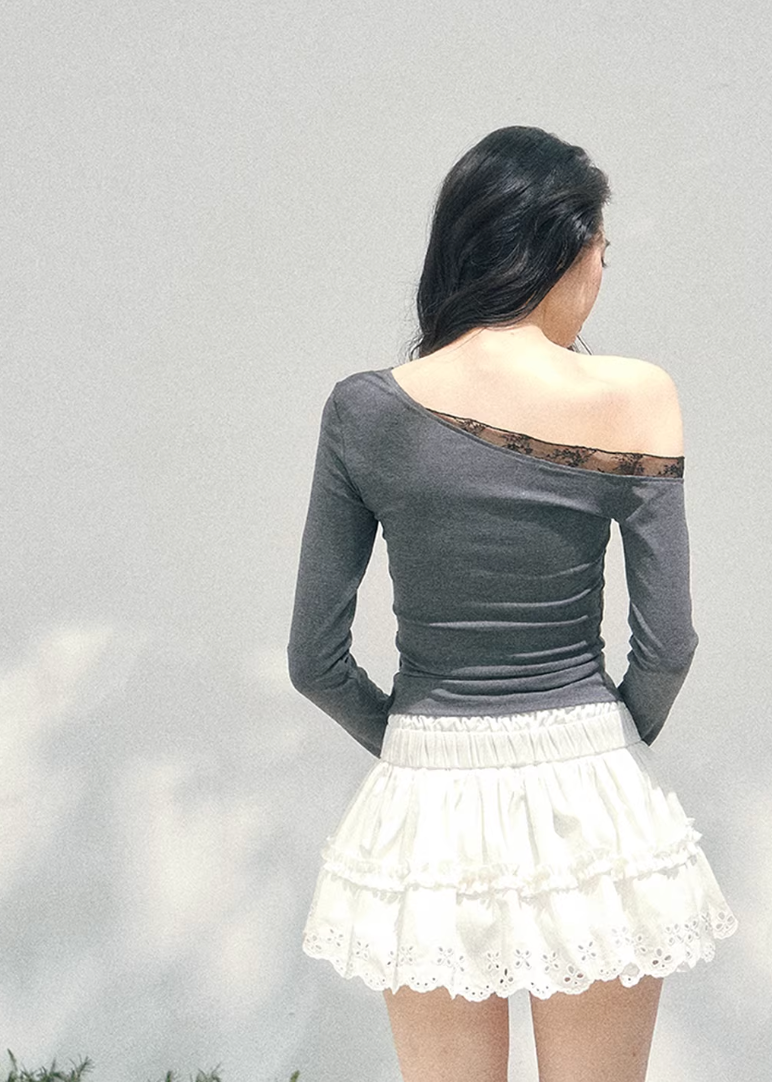 AOMALM off shoulder lace top, French romantic spring blouse, ruched knit womens top, feminine Korean fashion top, quiet luxury lace blouse, elegant off shoulder knitwear, romantic fitted spring top, Parisian inspired womenswear, lace layered shoulder top, soft feminine silhouette blouse, waist shaping knit top women, delicate French Korean aesthetic clothing, spring romantic outfit top, refined luxury womens knitwear, lace detail long sleeve blouse, feminine draped knit top, soft luxury spring fashion, poet