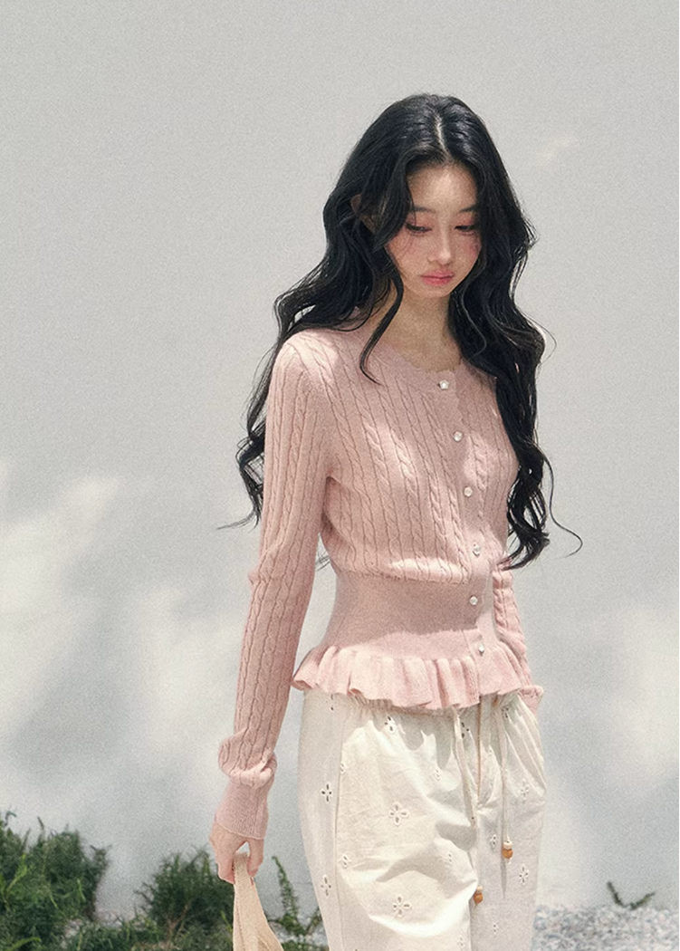 AOMALM pearl knit cardigan, French romantic cropped sweater, feminine spring knit top, Korean elegant cardigan women, pearl button knitwear, soft blush cropped cardigan, quiet luxury womens knit, ruffle hem spring sweater, romantic Korean French aesthetic clothing, delicate feminine knit top, waist defining cropped cardigan, lightweight spring knitwear women, refined pearl detail sweater, elegant pastel cardigan outfit, soft romantic womenswear knit, luxury feminine spring fashion, blush pink knit cardigan,