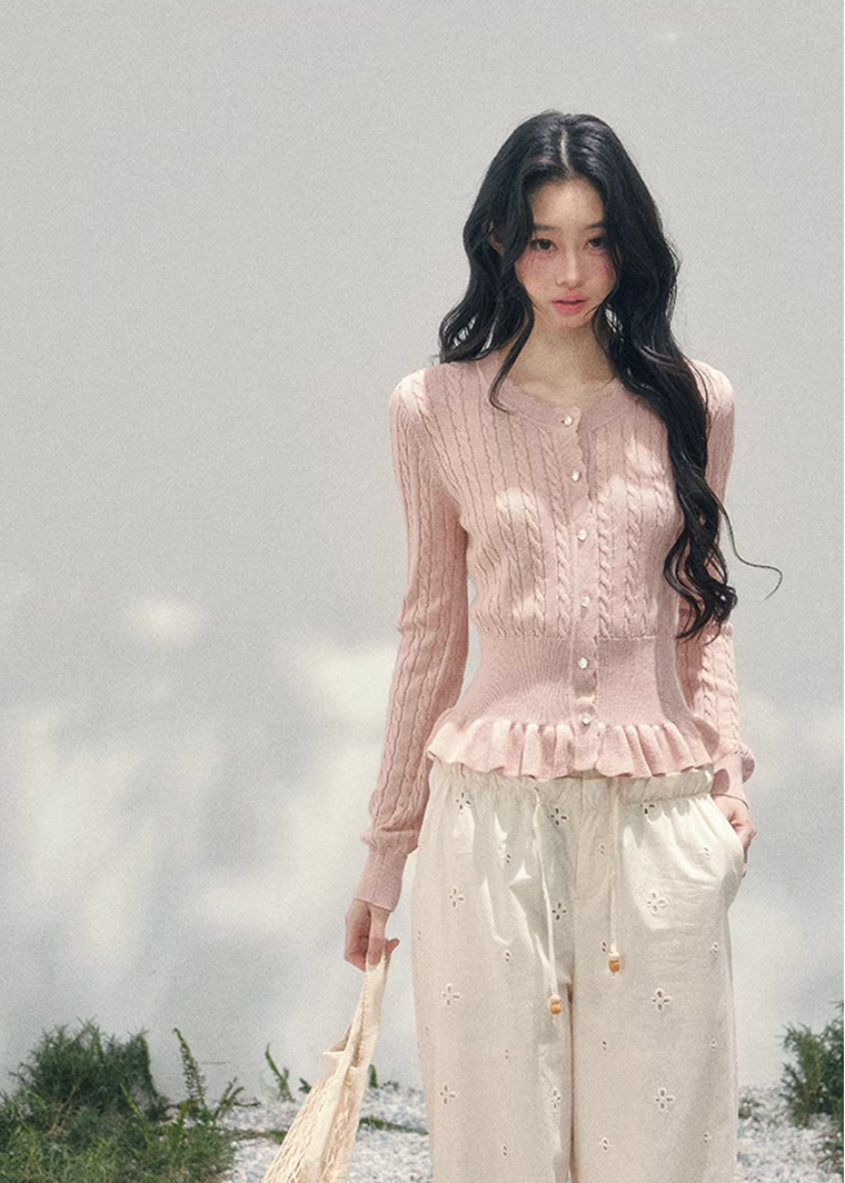 AOMALM pearl knit cardigan, French romantic cropped sweater, feminine spring knit top, Korean elegant cardigan women, pearl button knitwear, soft blush cropped cardigan, quiet luxury womens knit, ruffle hem spring sweater, romantic Korean French aesthetic clothing, delicate feminine knit top, waist defining cropped cardigan, lightweight spring knitwear women, refined pearl detail sweater, elegant pastel cardigan outfit, soft romantic womenswear knit, luxury feminine spring fashion, blush pink knit cardigan,