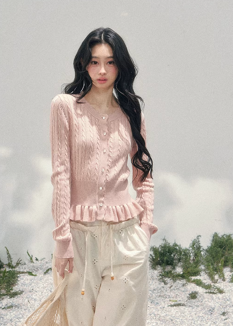 AOMALM pearl knit cardigan, French romantic cropped sweater, feminine spring knit top, Korean elegant cardigan women, pearl button knitwear, soft blush cropped cardigan, quiet luxury womens knit, ruffle hem spring sweater, romantic Korean French aesthetic clothing, delicate feminine knit top, waist defining cropped cardigan, lightweight spring knitwear women, refined pearl detail sweater, elegant pastel cardigan outfit, soft romantic womenswear knit, luxury feminine spring fashion, blush pink knit cardigan,
