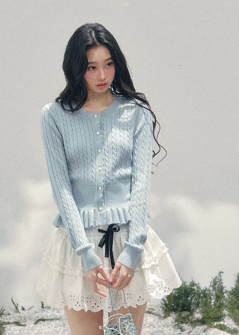 AOMALM pearl knit cardigan, French romantic cropped sweater, feminine spring knit top, Korean elegant cardigan women, pearl button knitwear, soft blush cropped cardigan, quiet luxury womens knit, ruffle hem spring sweater, romantic Korean French aesthetic clothing, delicate feminine knit top, waist defining cropped cardigan, lightweight spring knitwear women, refined pearl detail sweater, elegant pastel cardigan outfit, soft romantic womenswear knit, luxury feminine spring fashion, blush pink knit cardigan,