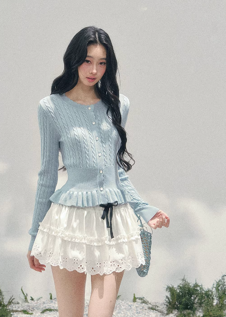 AOMALM pearl knit cardigan, French romantic cropped sweater, feminine spring knit top, Korean elegant cardigan women, pearl button knitwear, soft blush cropped cardigan, quiet luxury womens knit, ruffle hem spring sweater, romantic Korean French aesthetic clothing, delicate feminine knit top, waist defining cropped cardigan, lightweight spring knitwear women, refined pearl detail sweater, elegant pastel cardigan outfit, soft romantic womenswear knit, luxury feminine spring fashion, blush pink knit cardigan,