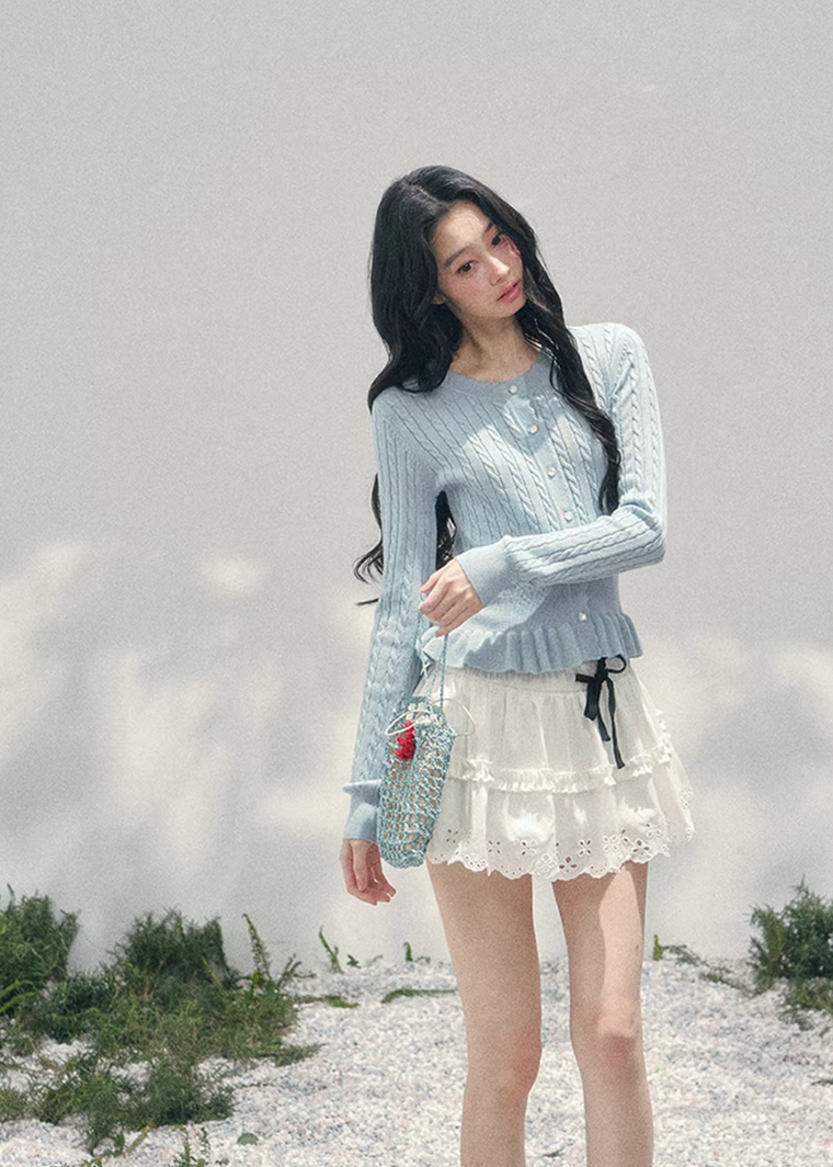 AOMALM pearl knit cardigan, French romantic cropped sweater, feminine spring knit top, Korean elegant cardigan women, pearl button knitwear, soft blush cropped cardigan, quiet luxury womens knit, ruffle hem spring sweater, romantic Korean French aesthetic clothing, delicate feminine knit top, waist defining cropped cardigan, lightweight spring knitwear women, refined pearl detail sweater, elegant pastel cardigan outfit, soft romantic womenswear knit, luxury feminine spring fashion, blush pink knit cardigan,