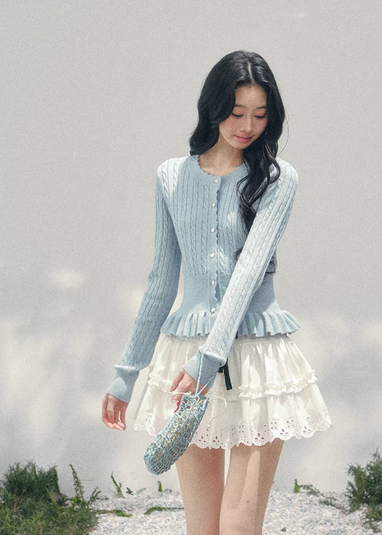 AOMALM pearl knit cardigan, French romantic cropped sweater, feminine spring knit top, Korean elegant cardigan women, pearl button knitwear, soft blush cropped cardigan, quiet luxury womens knit, ruffle hem spring sweater, romantic Korean French aesthetic clothing, delicate feminine knit top, waist defining cropped cardigan, lightweight spring knitwear women, refined pearl detail sweater, elegant pastel cardigan outfit, soft romantic womenswear knit, luxury feminine spring fashion, blush pink knit cardigan,